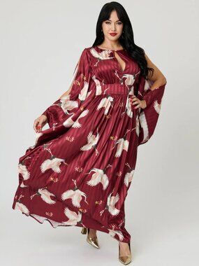 NWT Unique Vintage Burgundy Crane Flutter Sleeve Maxi Caftan Gown XS